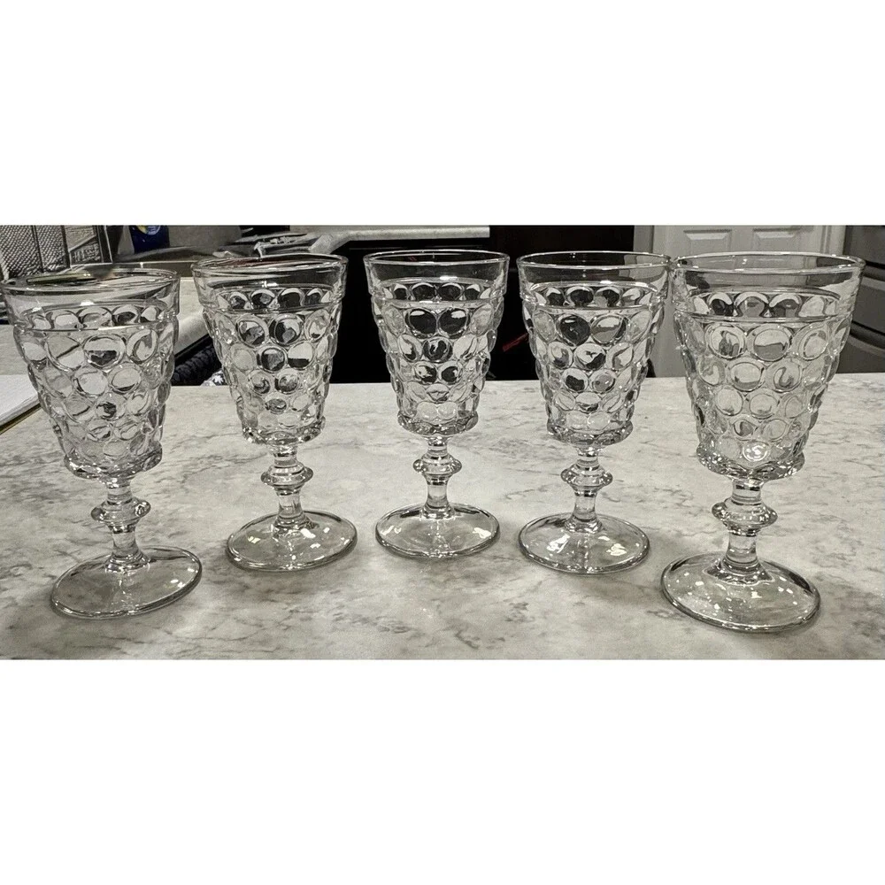 5 Vintage Westmoreland Thousand Eye Clear Glass Water Goblets Wine Stems